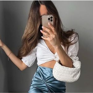 Zara EMBROIDERED EYELET CROP TOP WHITE